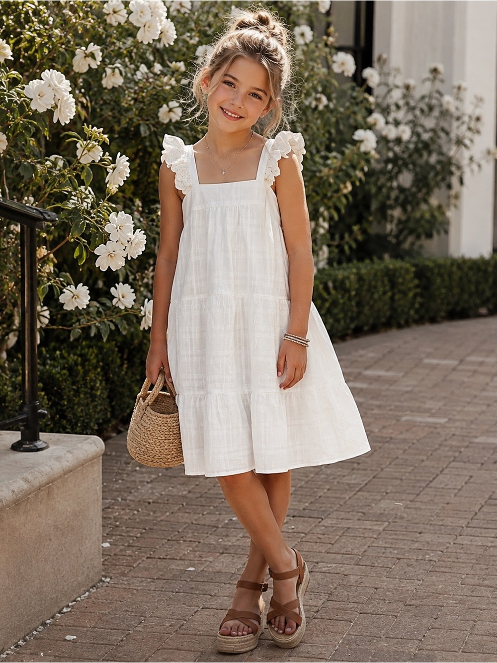 Girls' White Ruffle Strap Tiered Sundress